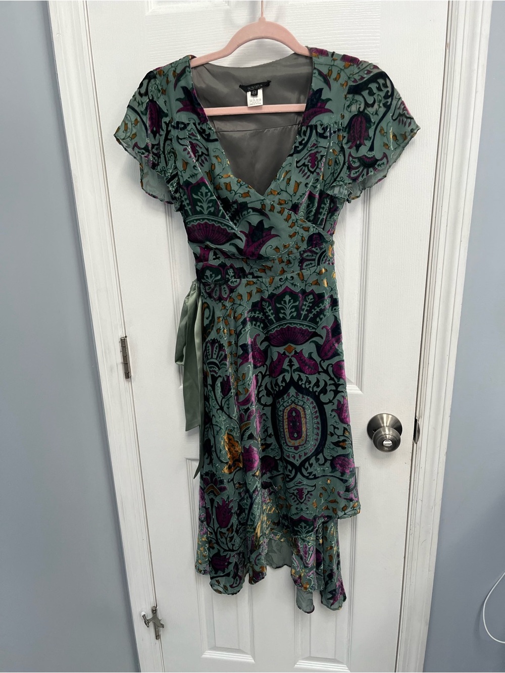 Krizia Silk Wrap Dress Italy Green Floral Wrap Skirt Sheer Flutter Velvet 44